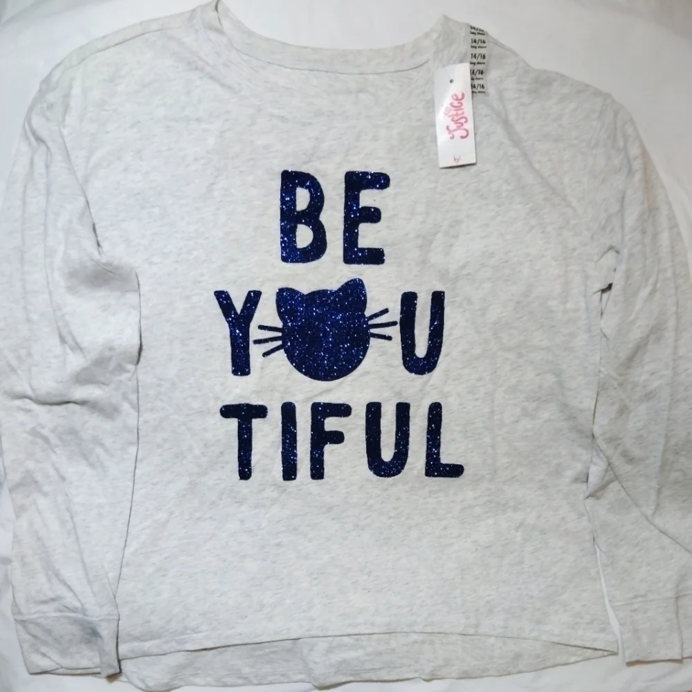Justice Be-You-Tiful Sparkling Kitty Long Sleeve T-Shirt- 14/16